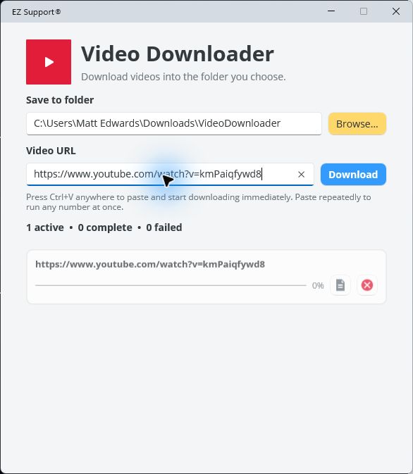 Video Downloader saving a video with log and cancel controls beside its progress
