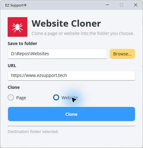 Website Cloner ready to clone the EZ Support website