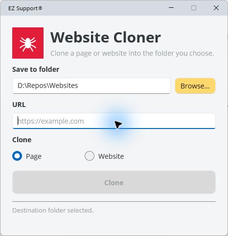Website Cloner ready for a web address and destination folder