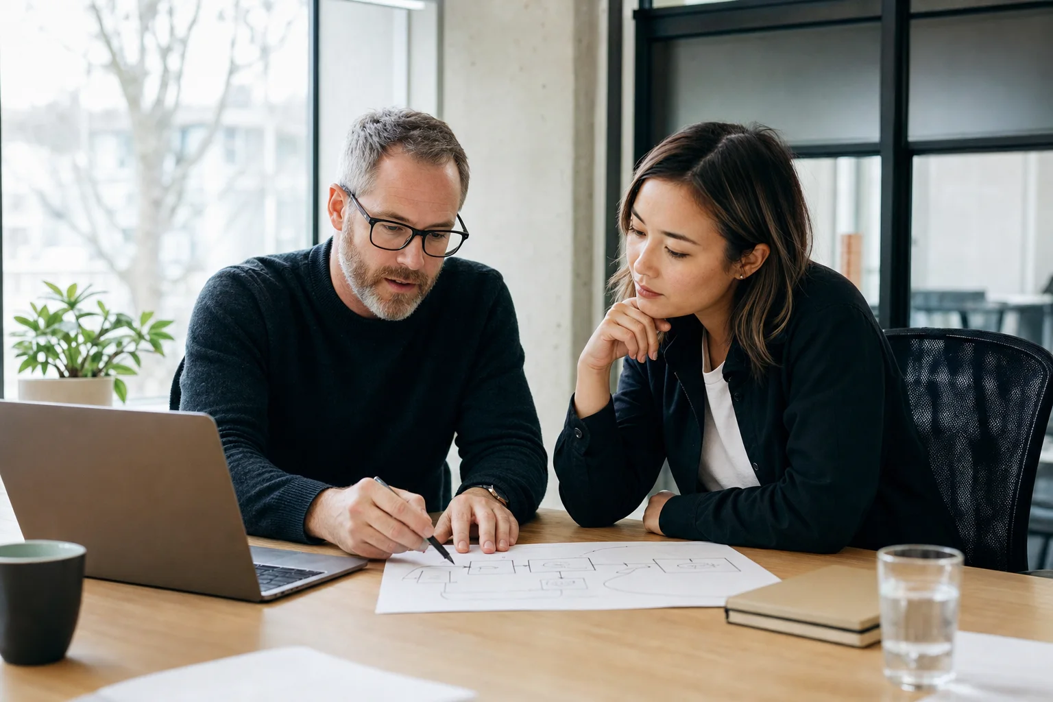 A business leader and IT specialist mapping a workflow