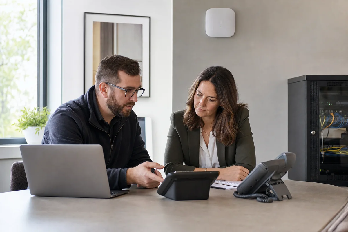 An IT specialist and business leader reviewing office connectivity and communications