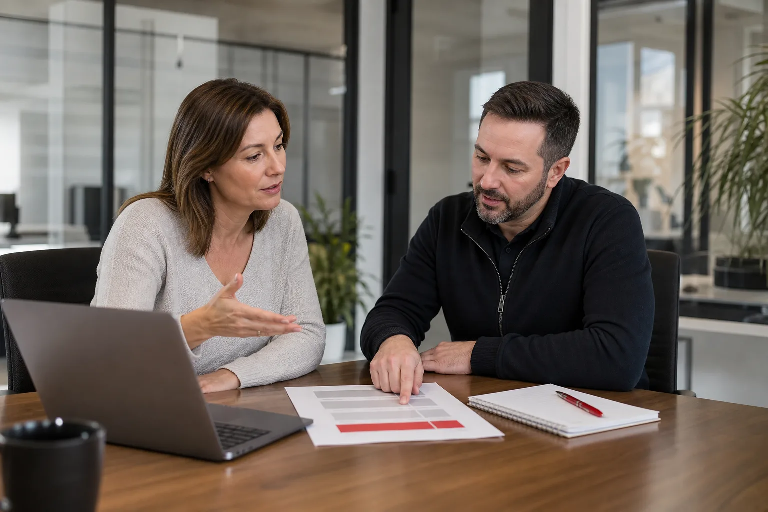 A business leader and IT specialist reviewing scope and priorities