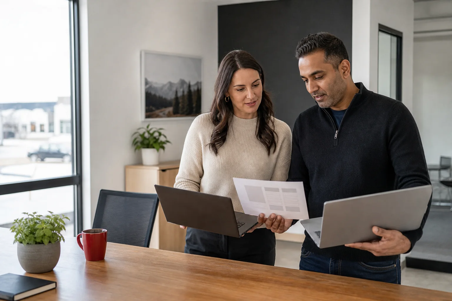 A business owner and IT specialist comparing technology options