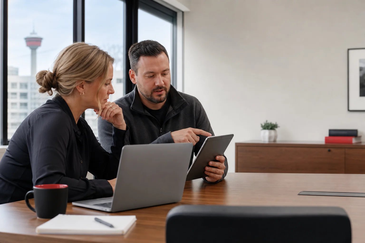 A business leader and security specialist reviewing security priorities